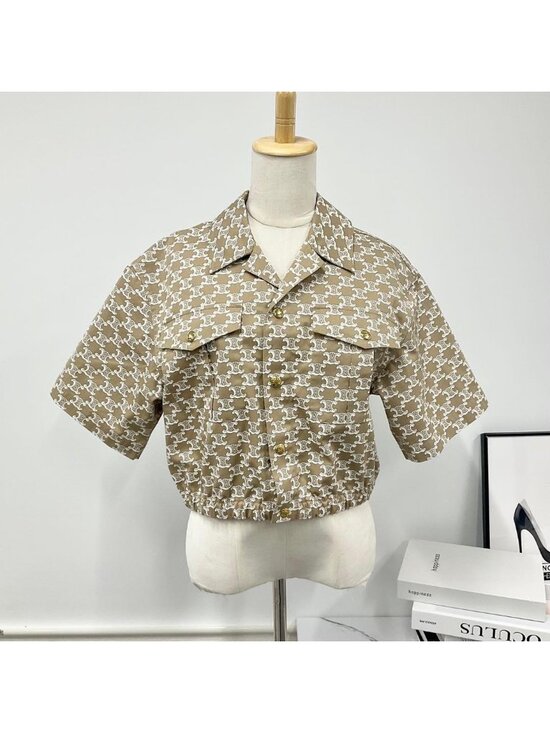 Celine Tops - Celine Triomphe Shirt Cotton Top Cropped Beige